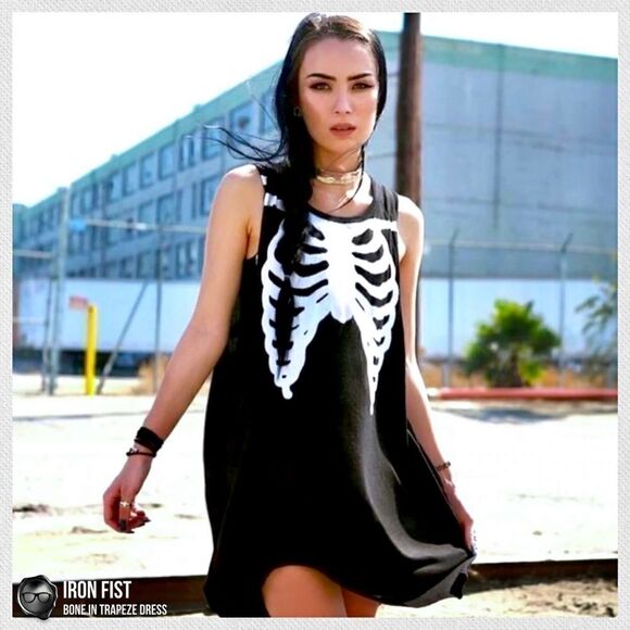 DOLLS KILL /IRON FIST BONE IN TRAPEZE TANK DRESS BLACK WHITE SKELETON BONES NWT - Picture 13 of 15